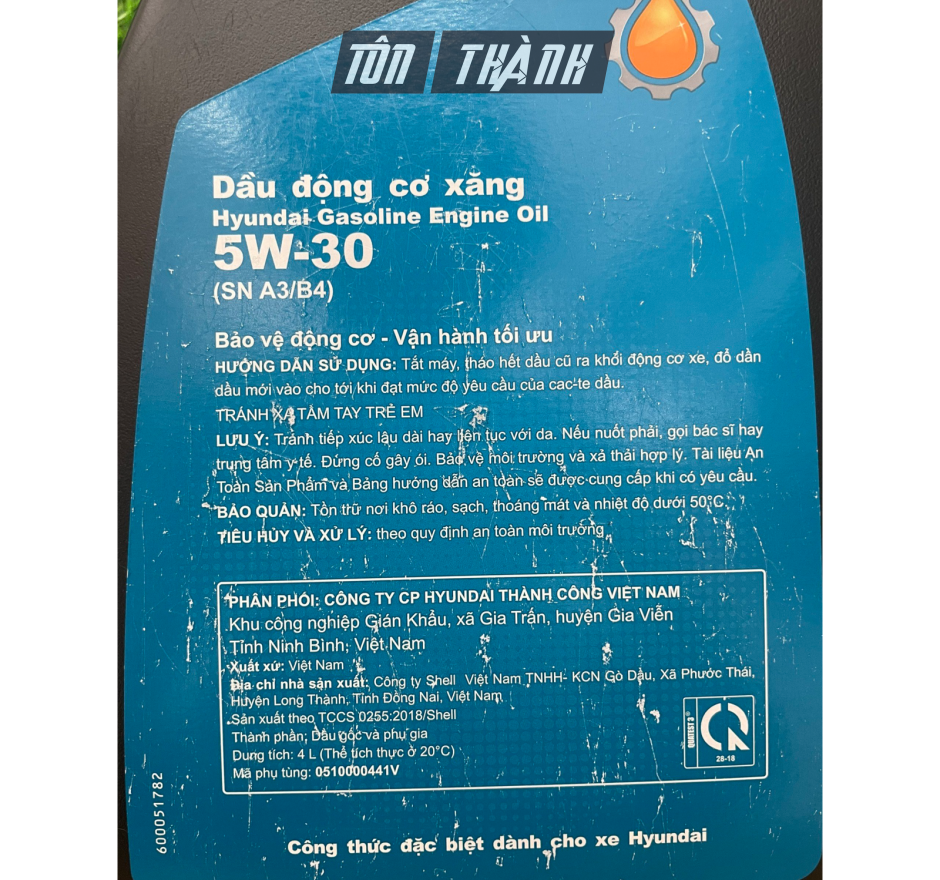DẦU NHỚT ĐỘNG CƠ XĂNG HYUNDAI 5W-30 (4 LÍT)