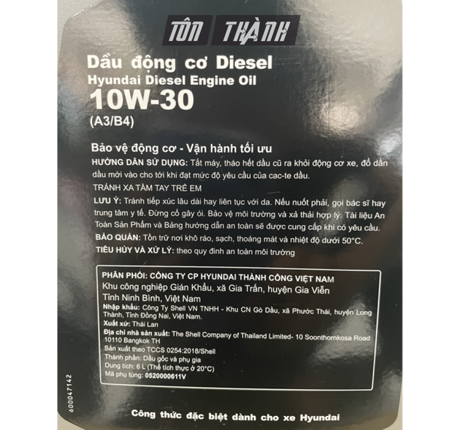 DẦU NHỚT ĐỘNG CƠ DIESEL HYUNDAI 10W-30 - A3/B4 (6LÍT)